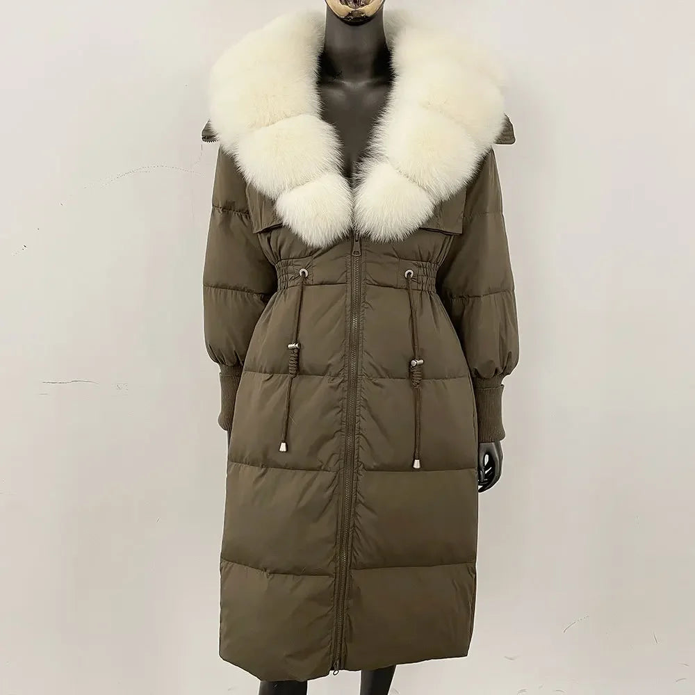 Doudoune longue avec col en fourrure pour femme, pardessus en fourrure de renard, longueur aux genoux, à la mode, chaude, cintrée à la taille, vêtements d'extérieur amincissants