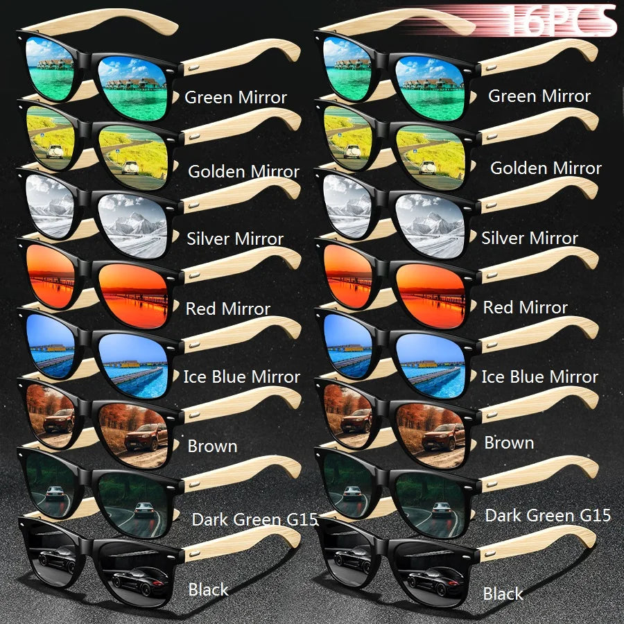 16 pièces mode bambou bois Vintage carré lunettes de soleil en bois hommes femmes marque de luxe concepteur lunettes de soleil conduite pêche UV400