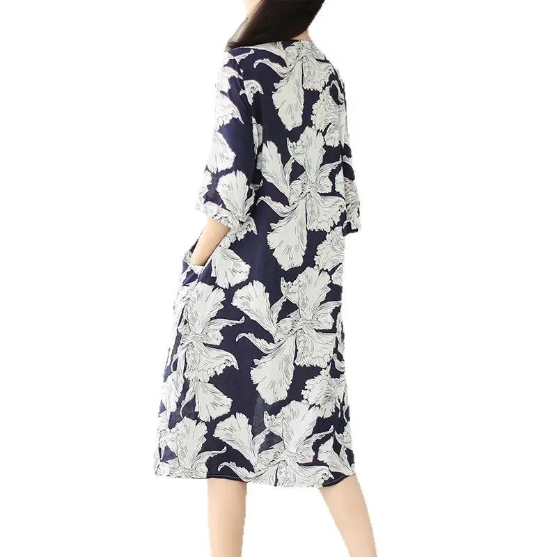 Robe mi-longue amincissante pour femmes, grande taille, imprimé Vintage, ceinture, taille ample, nouveau Style, longueur aux genoux, col en v, Fiber de Polyester, été