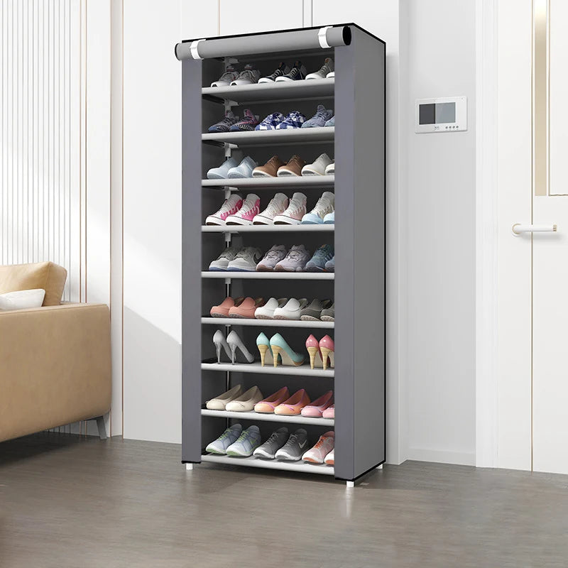 Armoire à chaussures multicouche à 6-10 niveaux avec porte volet roulante anti-poussière, facile à assembler, armoire de rangement domestique peu encombrante, adaptée aux entrées, couloirs, chambres à coucher, salons,