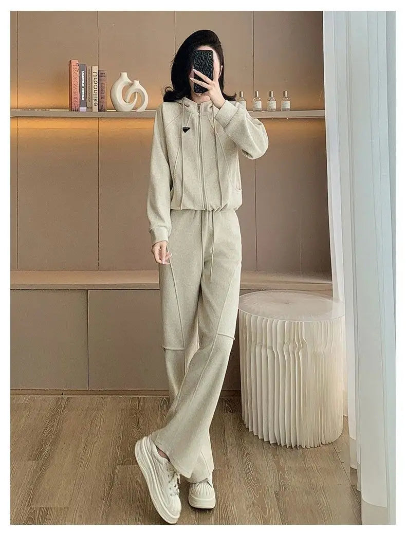 Fashionable slimming hooded set for women, two-piece Korean style set, trendy, youthful look, casual outfit, new autumn/winter collection
