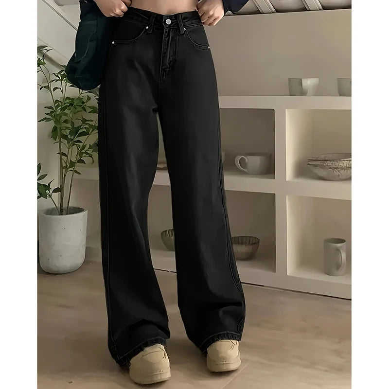 Jean taille haute pour femme, streetwear, designer, jambe large, gris classique, gothique, pantalon droit, mode