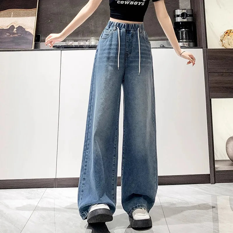 Jean ample à jambes larges, taille haute, bleu clair, grande taille, taille élastique, pantalon Dstring, pantalon Long amincissant