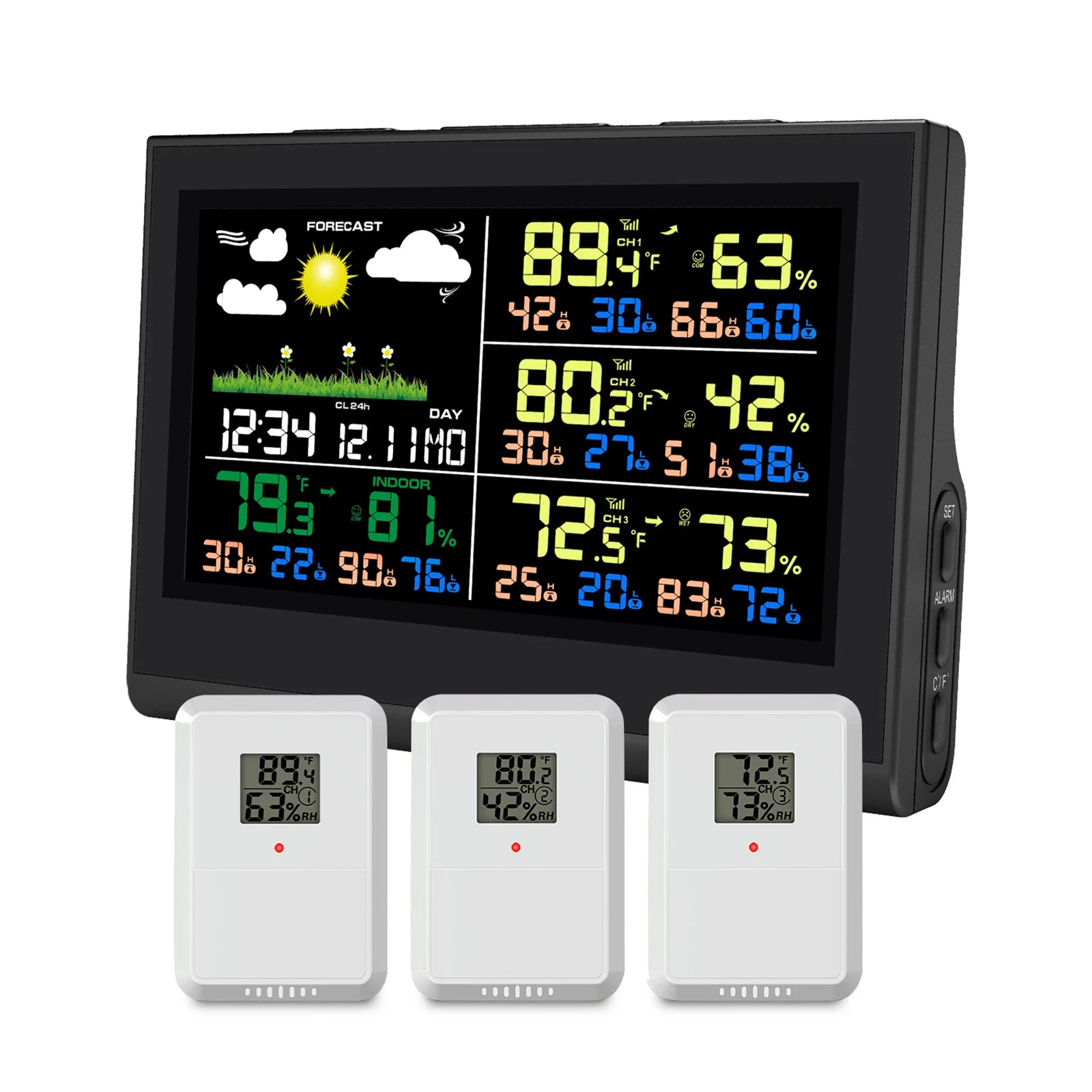 Station météo intelligente sans fil avec 3 capteurs, grand écran couleur, thermomètre et hygromètre numérique intérieur et extérieur pour le bureau et la maison