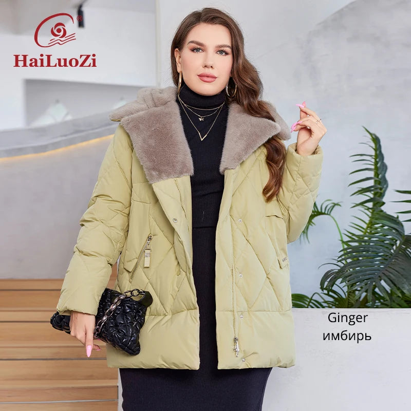 HaiLuoZi-Veste Courte à Capuche avec Fourrure pour Femme, Vêtement d'Hiver de Grande Taille, Design de Matelassage Indépendant, Grandes Poches, Combiné 2023, Nouvelle Collection 1163