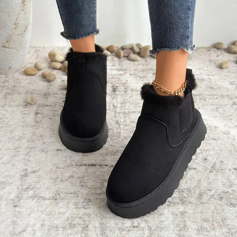2025 Bottes de neige à enfiler à bout rond pour femmes pour un usage quotidien au bureau Bottes de neige décontractées antidérapantes à semelles épaisses Nouvelles bottines chaudes en daim