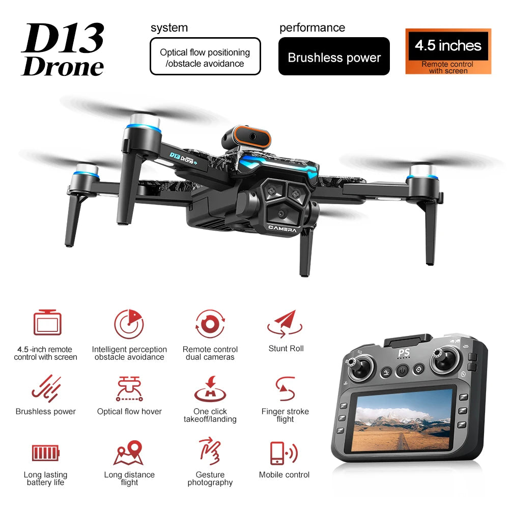 Nouveau Drone D13 4K professionnel trois caméras HD avec grand écran 5G WIFI FPV Dron flux optique sans brosse vol stationnaire pliable quadrirotor