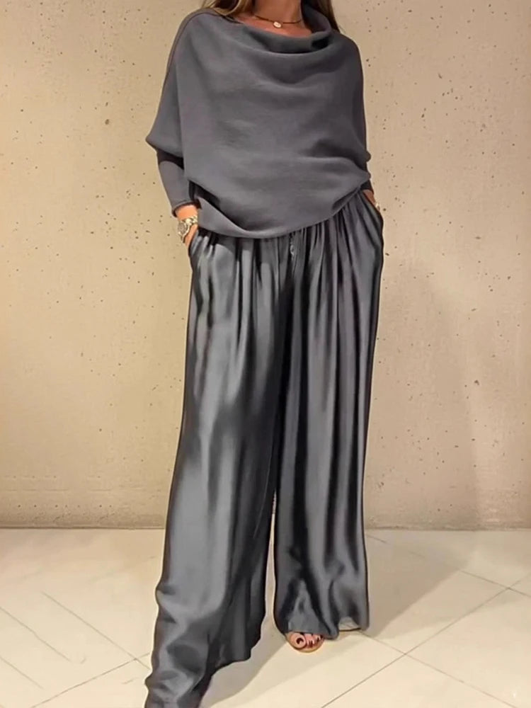 Elegant Off-the-Shoulder Satin Top and Wide-Leg Pants Set, Slash Neck, Irregular Fashion, Solid, Commuter Outfits, Simple Loose Sets for Women
