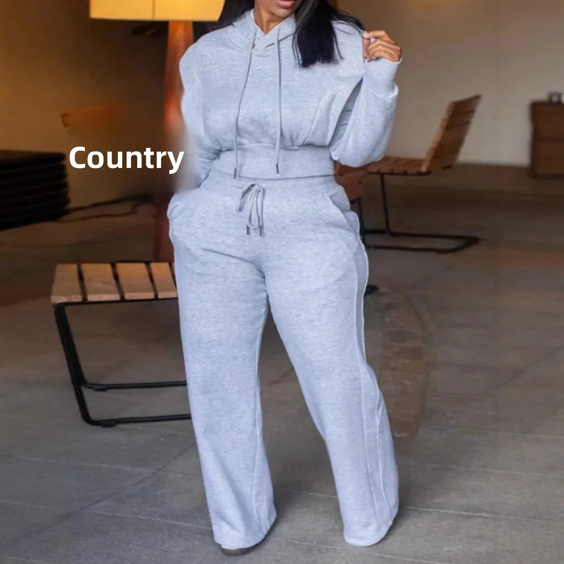 Ensemble deux pièces à la mode pour femmes, grande taille, sweat à capuche de couleur Pure, pantalon à jambes droites, avec cordon de serrage, tenue décontractée de Style de rue