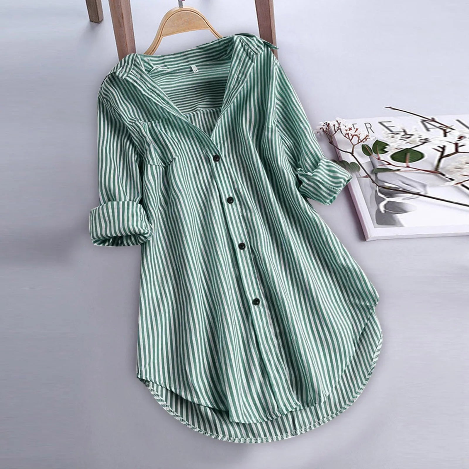 Femmes printemps et été rayure Blouse col rabattu à manches longues bouton poches dame chemise ample décontracté confortable femme Blouse haut