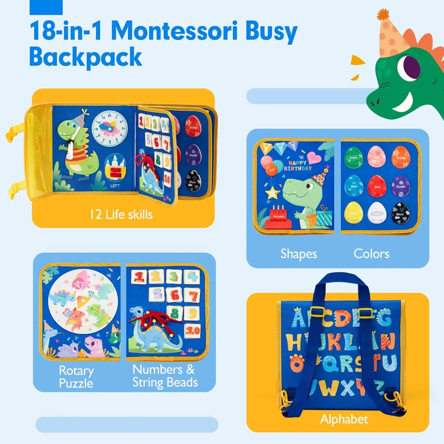 Planche occupée pour tout-petits, jouets Montessori, activités éducatives d'apprentissage, jouet de voyage, déguisement de dinosaure, sac à dos de compétences de vie sensorielle