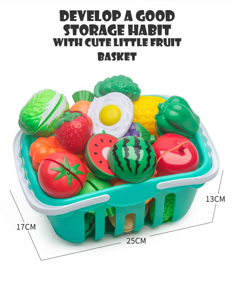 Jouets alimentaires de cuisine avec panier de rangement, jouets pour tout-petits, jeu de découpe, semblant de fruits et accessoires, shopping