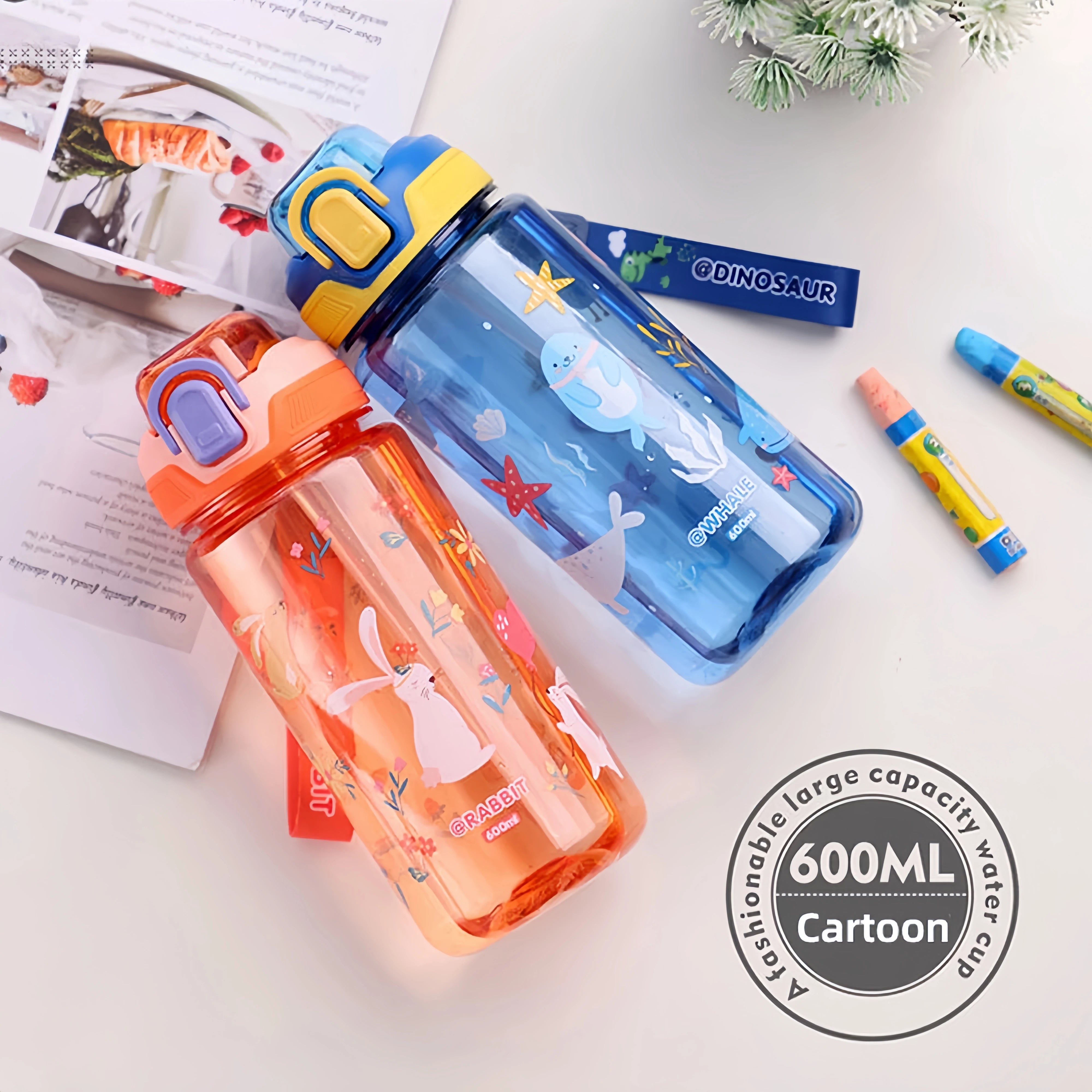 Bouteille d'eau dinosaure de 600ml pour enfants, tasse à bec avec paille en Silicone, bouteilles d'eau en plastique étanches, tasse d'eau d'été pour enfants