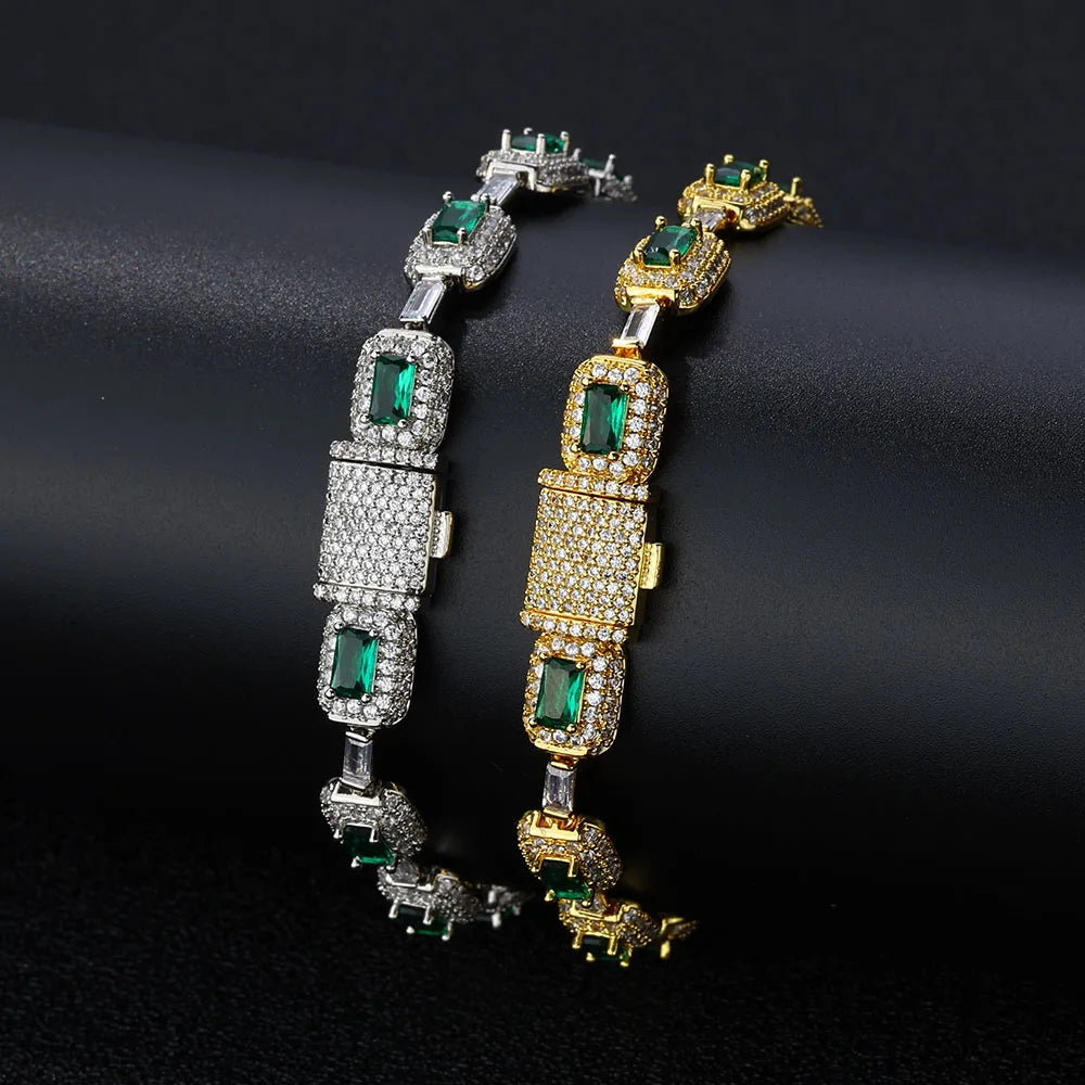 ESEllEM-Bracelet en Émeraude Glacée pour Femme, Bijoux à la Mode, Diamants, Coupe Coussin, Or Blanc, Incrusté Vert, Baguette Zcomprend