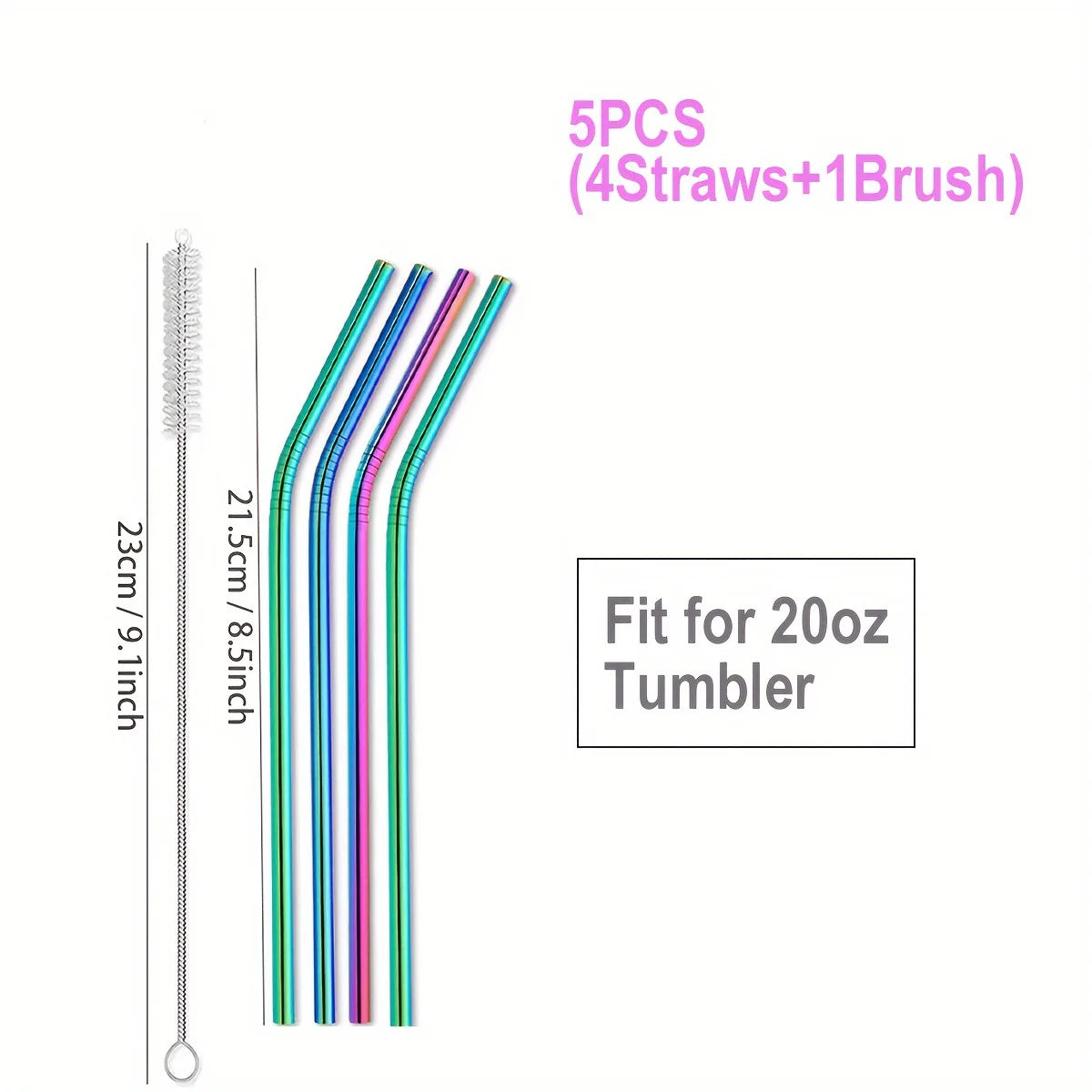 Paille de couleur réutilisable en acier inoxydable, 21cm 26cm 30cm, adaptée à une tasse de capacité de 20oz 30oz 40oz avec brosse