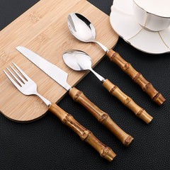 24 pièces ensembles de vaisselle en bambou ensemble de couverts en bambou en acier inoxydable poignée purement naturelle ensemble de couverts vaisselle couteau à Steak couverts