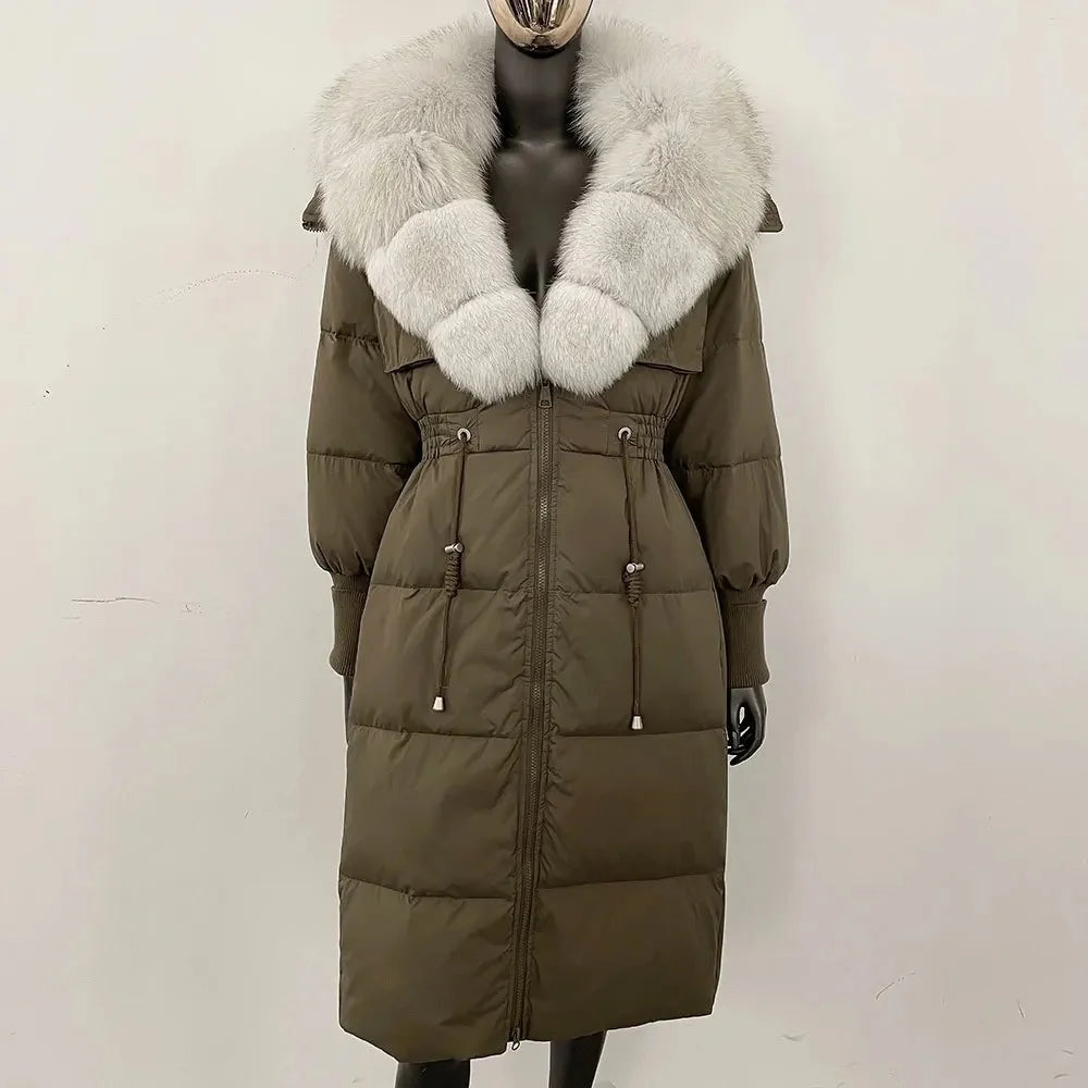 Doudoune longue avec col en fourrure pour femme, pardessus en fourrure de renard, longueur aux genoux, à la mode, chaude, cintrée à la taille, vêtements d'extérieur amincissants