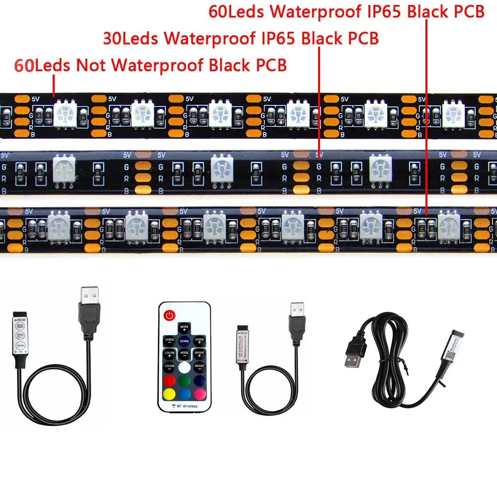 5V RGB USB LED Strip Light, Waterproof, Black PCB 5050, 0.5m, 1m, 2m, 3m, 4m, 5m, LED Strip Light, PC, TV Backlight, Remote Control