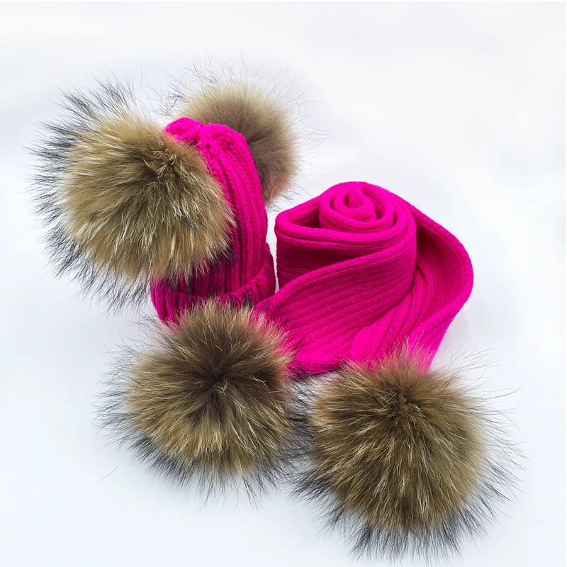 Parent-enfant chapeaux d'hiver mignon bébé fourrure Pompon chapeau écharpe ensembles réel naturel fourrure boule casquettes mère enfants chaud tricoté chapeaux hiver Bea