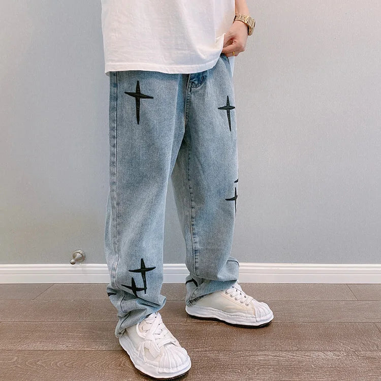 Men's printed jeans, streetwear, baggy, wide leg, Korean fashion, draped, straight, casual, loose fit, cargo pants, new 2023 collection