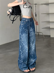 2025 Premium Y2K Jeans - Pantalon Palazzo en Denim vieilli imprimé floral artistique décontracté à jambe droite 2664