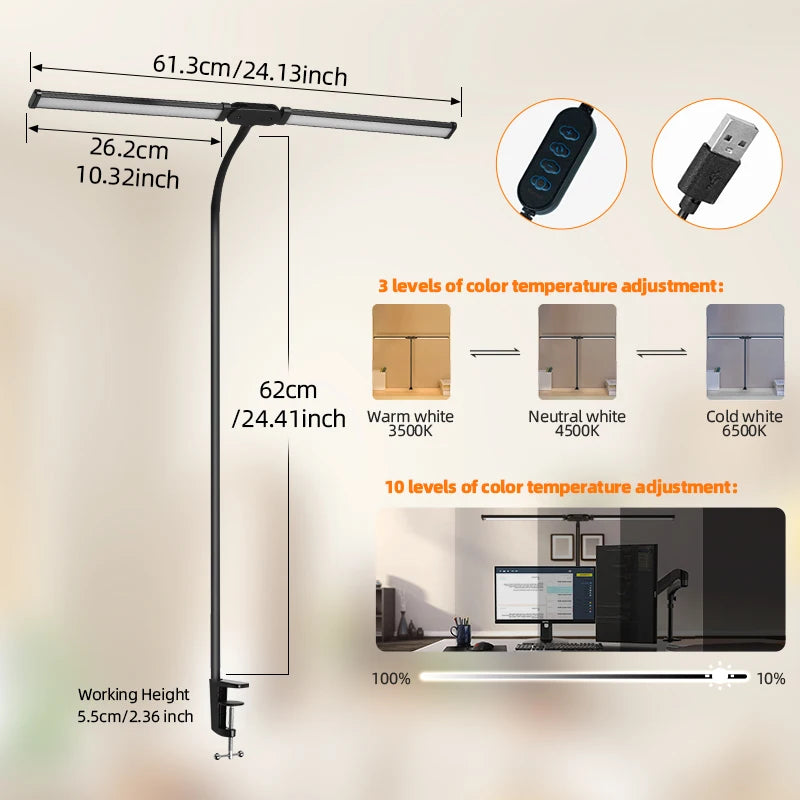 Lampes de bureau LED à double tête, lumière de moniteur d'ordinateur à intensité variable en continu, lampe de table USB pour étude de bureau, luminaire de lecture  lumiere bureau  lampe ecran ordinateur
