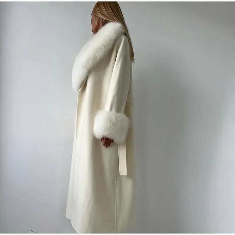 Manteau en laine pour femmes, Patchwork de fourrure solide, mode, manches longues, col en v, à lacets, pardessus Long ample, automne, bureau, vêtements d'extérieur pour dames