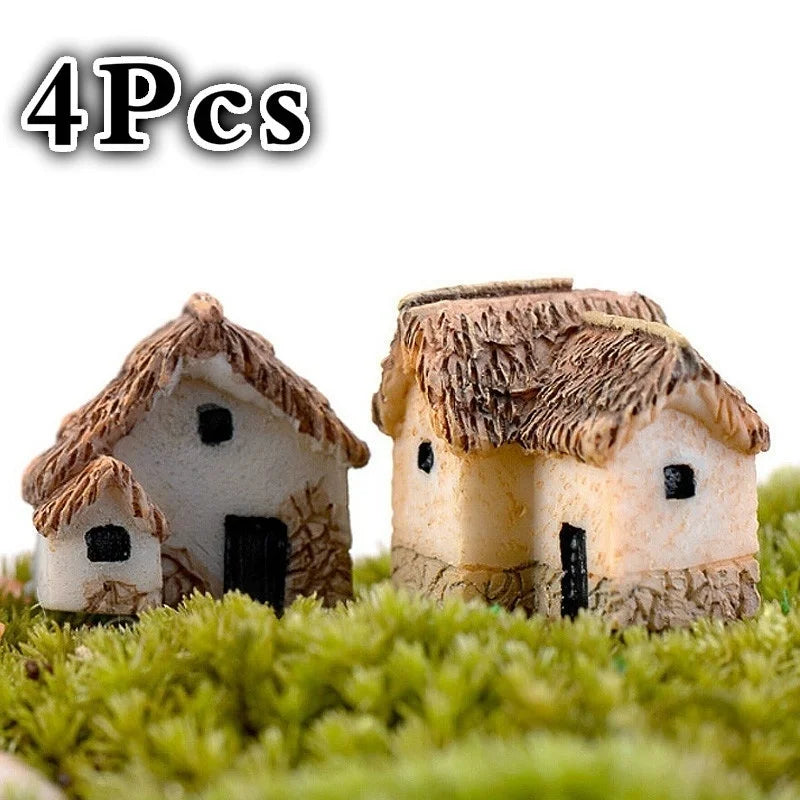 Figurine Miniature de maison, accessoire de jardin féerique, décoration de maison, Statue de construction d'animaux de dessin animé, voiture de poupée artisanale en résine, 4 pièces