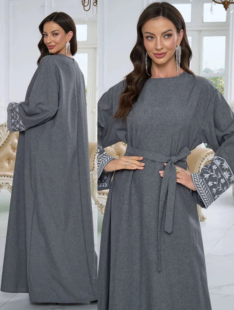 Abaya islamique brodé de fleurs pour femmes, Chic avec ceinture gratuite, Robes Maxi musulmanes de haute qualité, vêtements islamiques élégants Eid Ramadan