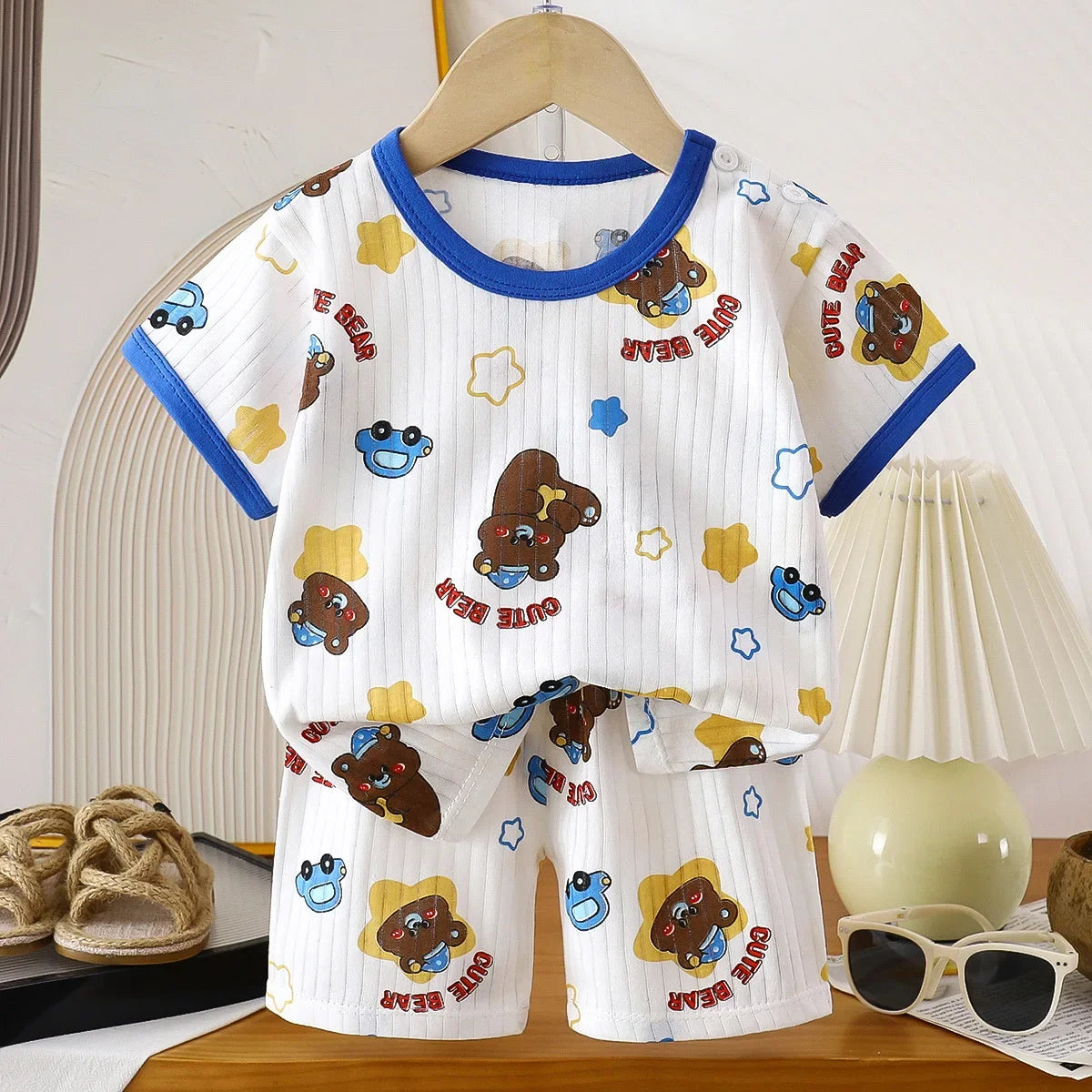 Ensemble de vêtements d'été en pur coton pour enfants, t-shirt à manches courtes avec Short, dessin animé mignon, pyjama décontracté pour bébés en bas âge