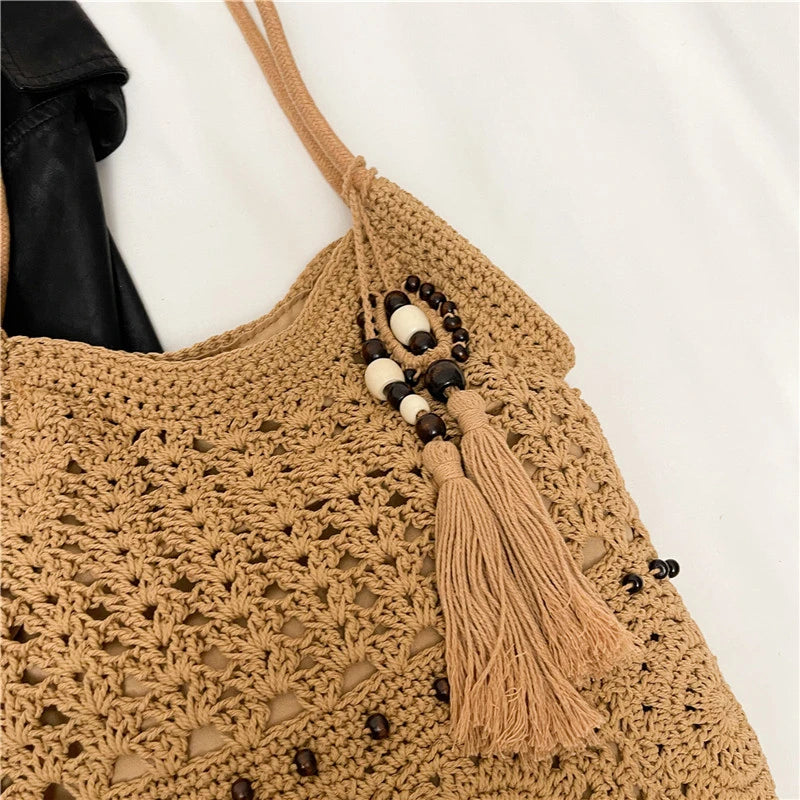Sac à main tissé de grande capacité, sac à bandoulière ajouré, fourre-tout en Crochet, fourre-tout bohème tissé pour femmes, sacs de Shopping tricotés
