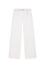 Spanish street fashion ONE DILEMMA Style Rivet five-pointed star pattern white jeans women's autumn straight slim pants