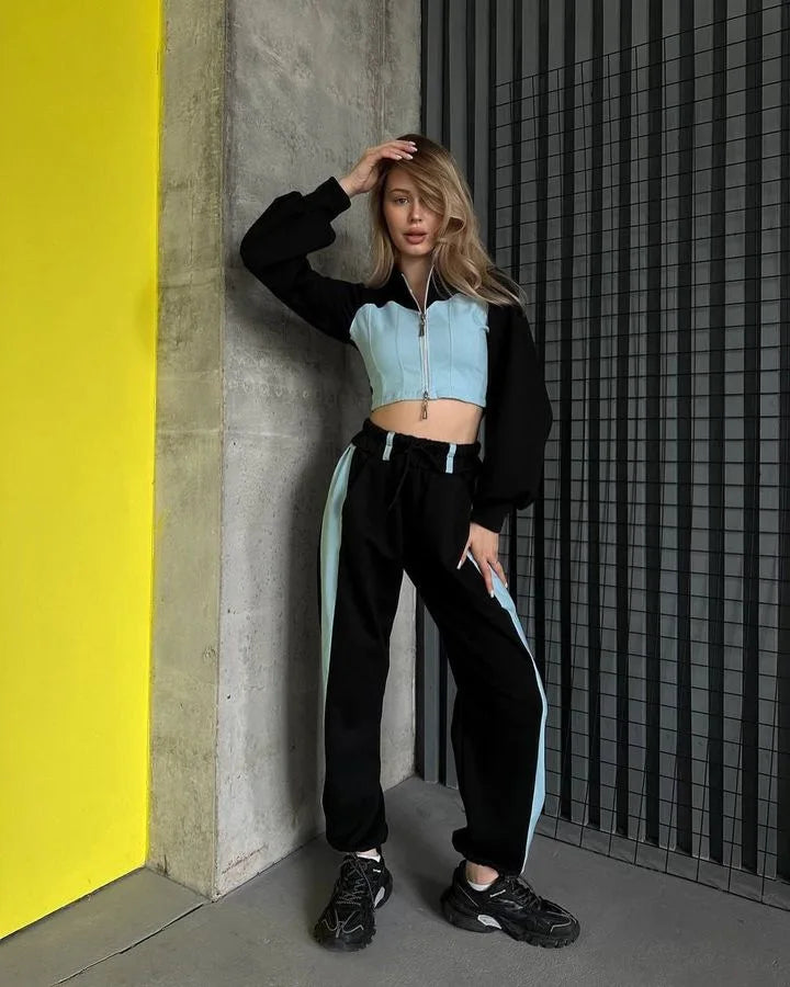 Ensemble 2 pièces en denim patchwork pour femmes, tenue décontractée, sweats à capuche minces, haut court, pantalon de survêtement à jambes larges, streetwear imbibé, survêtements à la mode
