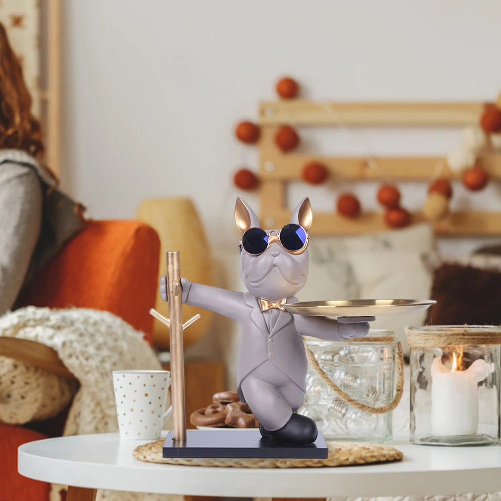 Sculpture de bouledogue français, Statue de chien, Figurine décorative, plateau de rangement en métal, pièce de monnaie, tirelire, clé d'entrée, porte-snack