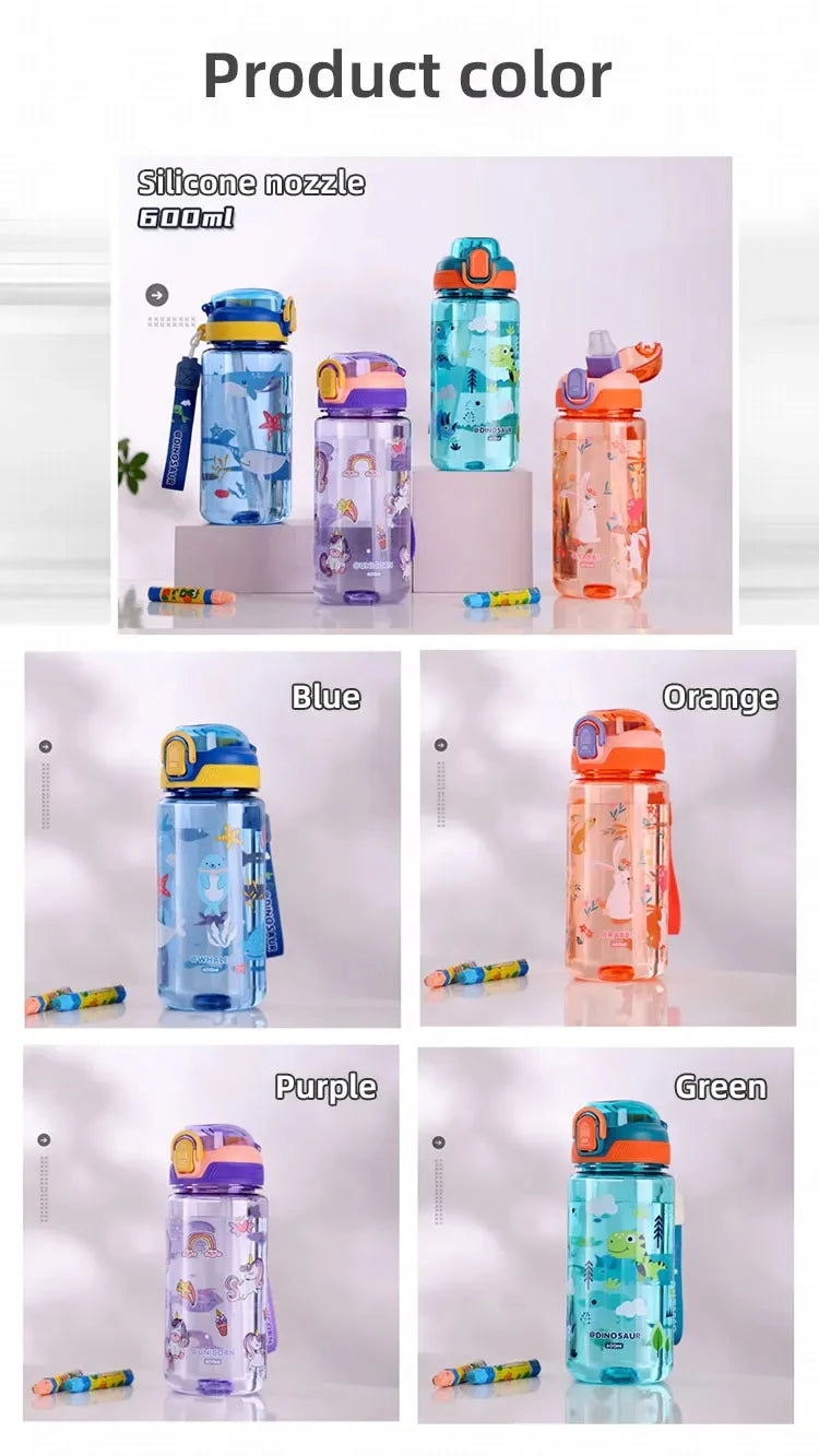 Bouteille d'eau dinosaure de 600ml pour enfants, tasse à bec avec paille en Silicone, bouteilles d'eau en plastique étanches, tasse d'eau d'été pour enfants