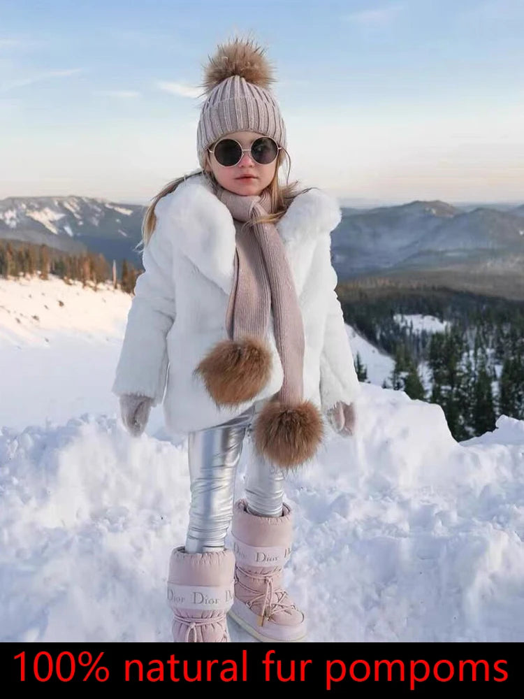 Parent-enfant chapeaux d'hiver mignon bébé fourrure Pompon chapeau écharpe ensembles réel naturel fourrure boule casquettes mère enfants chaud tricoté chapeaux hiver Bea