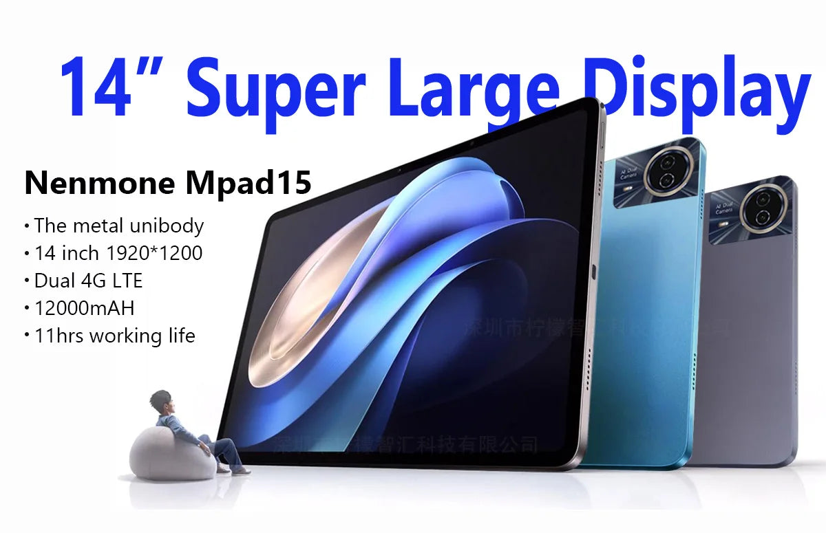 2025 Version mondiale Super grand écran 14 pouces tablette Android 14 4G appel téléphonique 16GB + 512GB tablettes 14 "GPS 5G WiFi FM 12000mAh