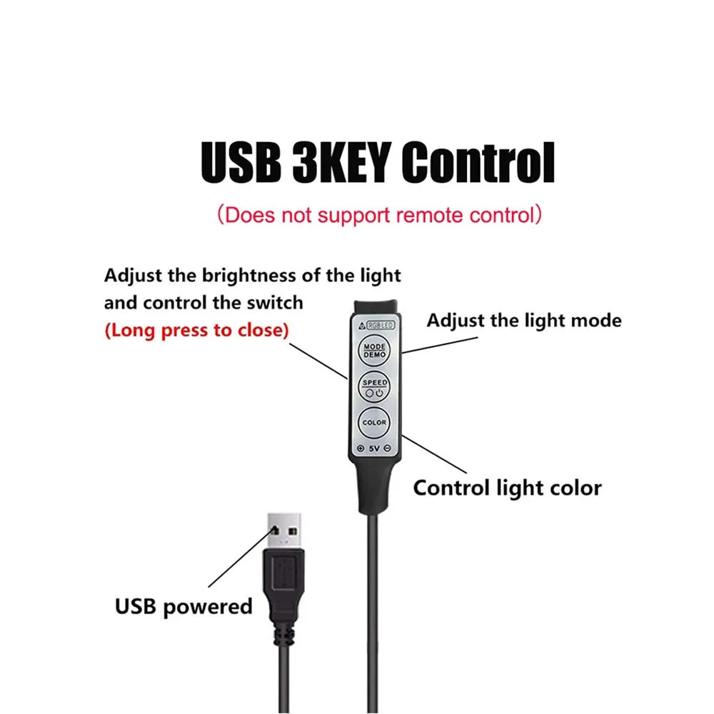 5V RGB 5050 LED strip light, 3-key control, color-changing light strip, suitable for decorating TV rooms, 16 million RGB colors