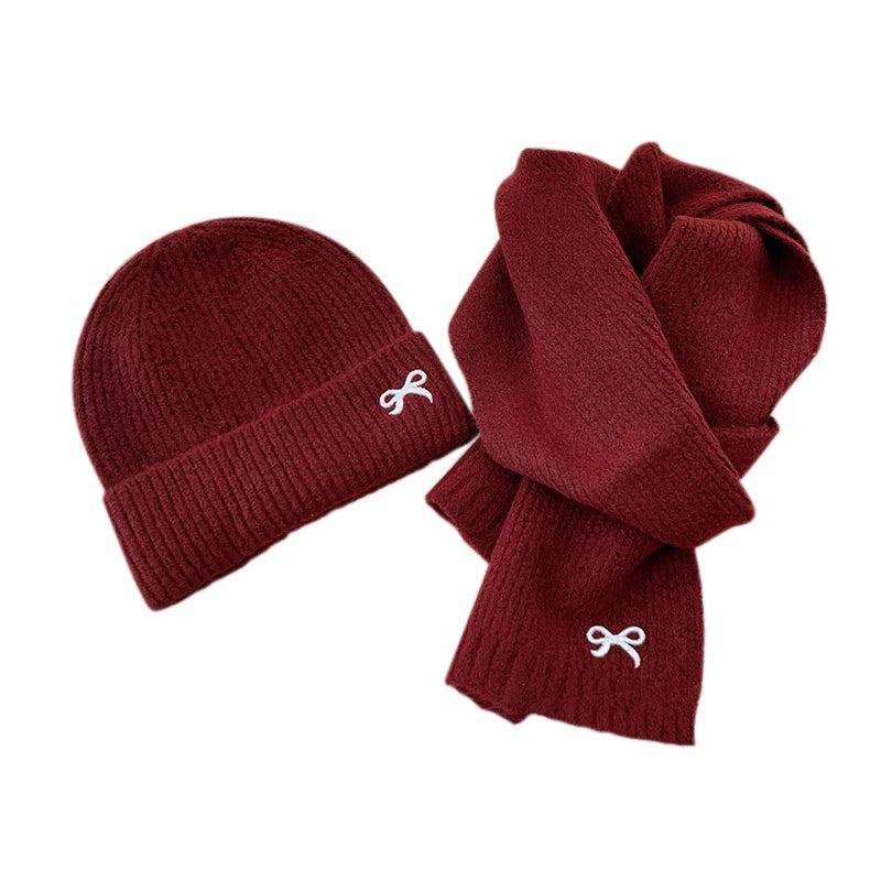 Écharpes coréennes avec nœud brodé pour enfants, bonnet doux pour enfants, chapeau épais pour filles et garçons, casquette chaude imbibée d'hiver, chapeaux mignons, 2 pièces