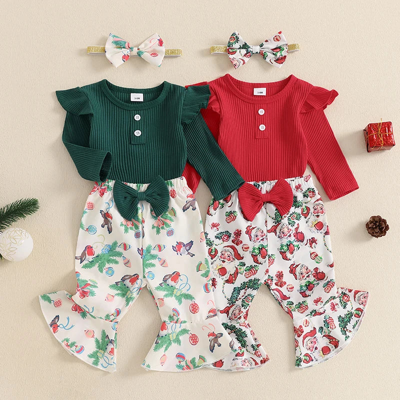 Ensemble pantalon de noël pour bébés filles, barboteuse côtelée à manches longues, imprimé père noël oiseau, pantalon évasé, bandeau