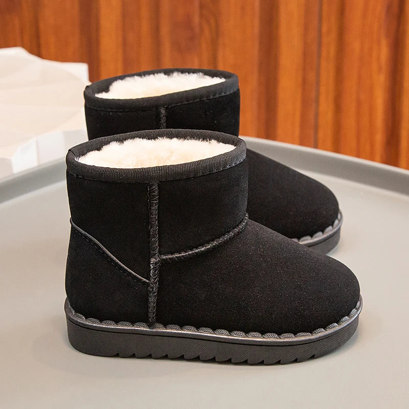 Bottes de neige pour enfants, Style concis, peluche épaisse, bottes courtes d'hiver pour enfants, couleur unie, chaussures classiques unisexes à enfiler pour garçons et filles 23-36