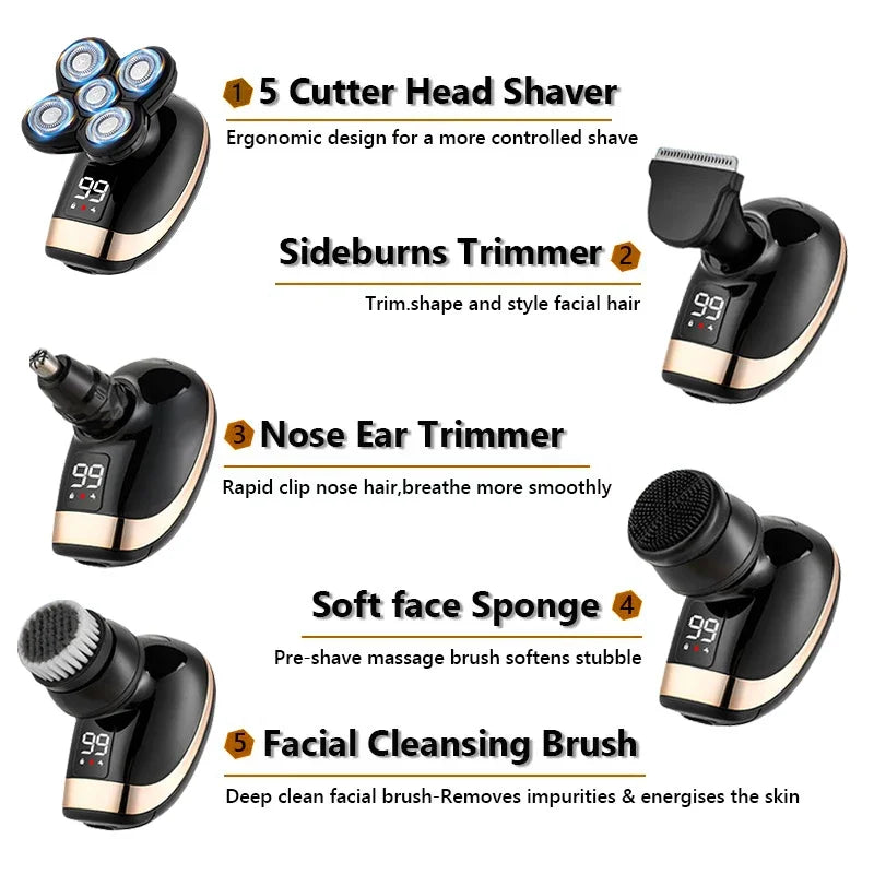 Rasoir électrique 5 en 1 pour hommes, Machine à raser Rechargeable, pour barbe, humide et sec, double usage, étanche, charge rapide