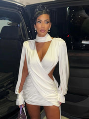 Sisterlinda – robe croisée sans taille pour femmes, col haut, Bandage, pompon, fente, manches longues, dos nu, plis, Sexy, moulante, fête de minuit, Y2K