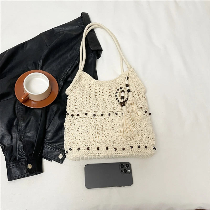 Sac à main tissé de grande capacité, sac à bandoulière ajouré, fourre-tout en Crochet, fourre-tout bohème tissé pour femmes, sacs de Shopping tricotés