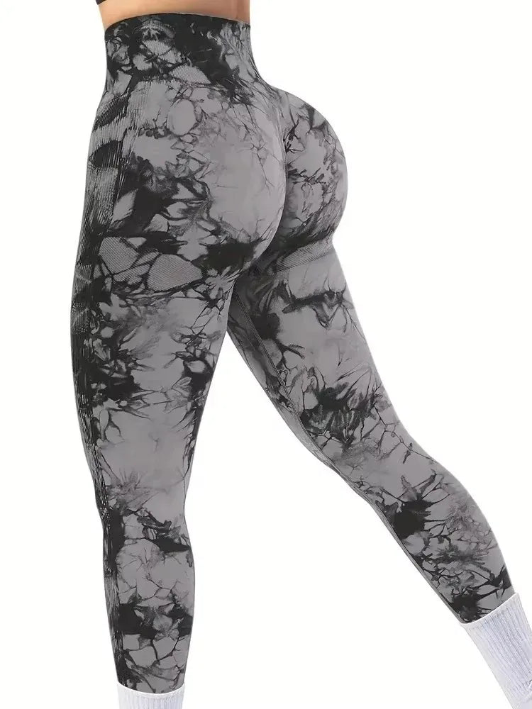 Collants femmes cravate colorant Leggings taille haute ascenseurs bout à bout contrôle du ventre Push Up sans couture pantalons de Yoga dames entraînement vêtements de sport