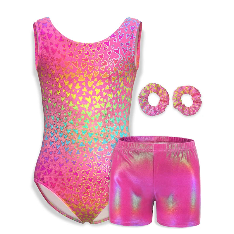 Justaucorps de gymnastique pour filles, vêtements de danse pour enfants avec short assorti, bandeau pour enfants