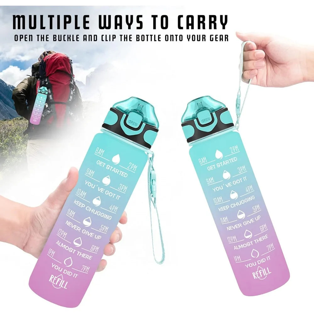 Bouteille d'eau potable de 32 oz avec fois pour boire et paille, motivation avec sangle de transport, étanche BPA et sans toxique