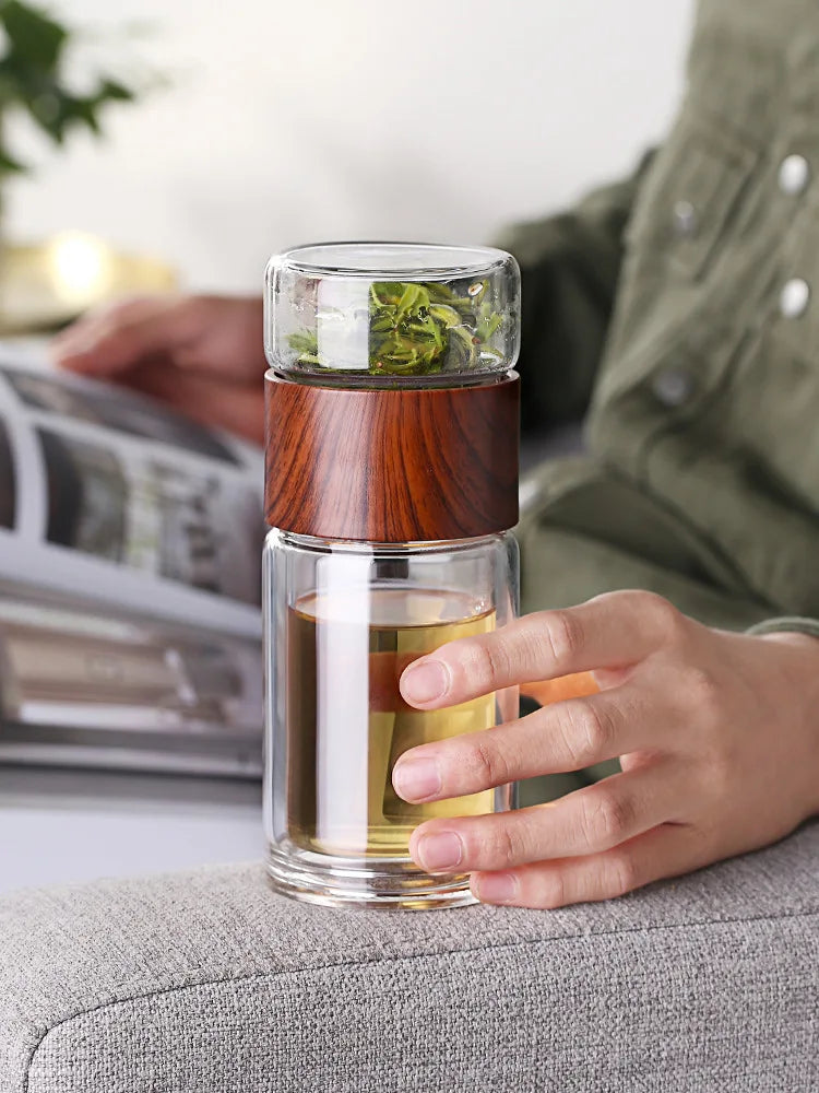 Bouteille d'eau en verre double de haute qualité avec étui, bouteille de clics de thé, infuseur, gobelet, verres, bouteille d'eau écologique