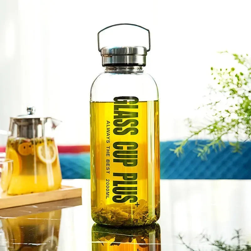 Bouteille d'eau en verre de 2L avec sangle, bouteilles d'eau de Sport, voyage en plein air, verres portables étanches, bouteille de thé en verre avec infuseur