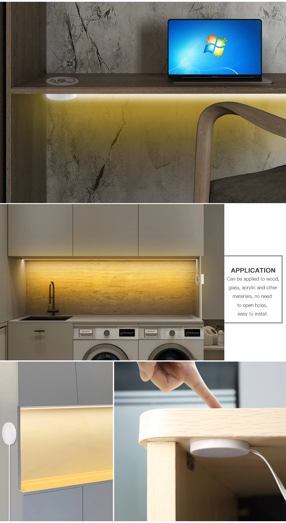 5V USB COB LED strip light, with manual scanning motion sensor and touch dimming switch, 1M-5M LED strip light, kitchen and bedroom lighting